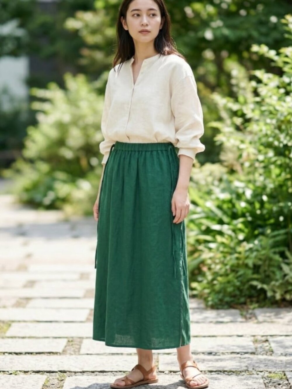 UNIQLO : C Clare Waight Keller Linen Midi Skirt L Green Side Tie Pockets Boho